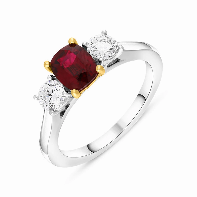 Platinum 1.06ct Ruby Diamond Cushion Cut Three Stone Ring