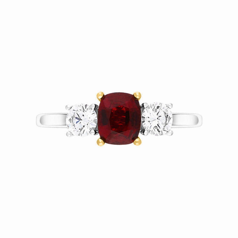 Platinum 1.06ct Ruby Diamond Cushion Cut Three Stone Ring