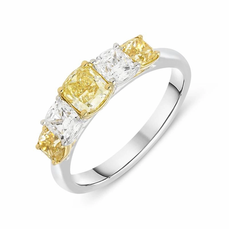 Platinum 1.07ct Yellow Diamond Cushion Cut Half Eternity Ring