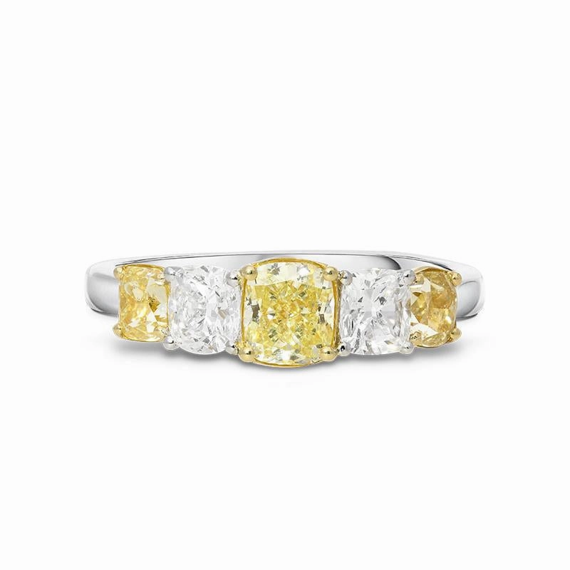 Platinum 1.07ct Yellow Diamond Cushion Cut Half Eternity Ring