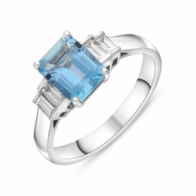 Platinum 1.46ct Aquamarine Diamond Five Stone Emerald Cut Ring