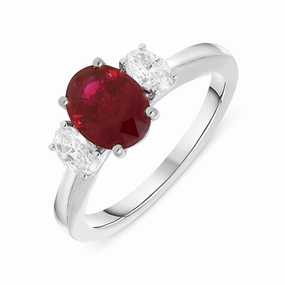 Platinum 1.75ct Ruby Diamond Oval Cut Trilogy Ring