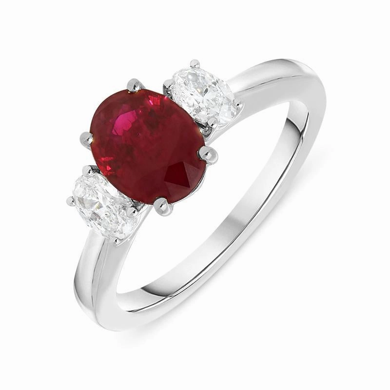 Platinum 1.75ct Ruby Diamond Oval Cut Trilogy Ring