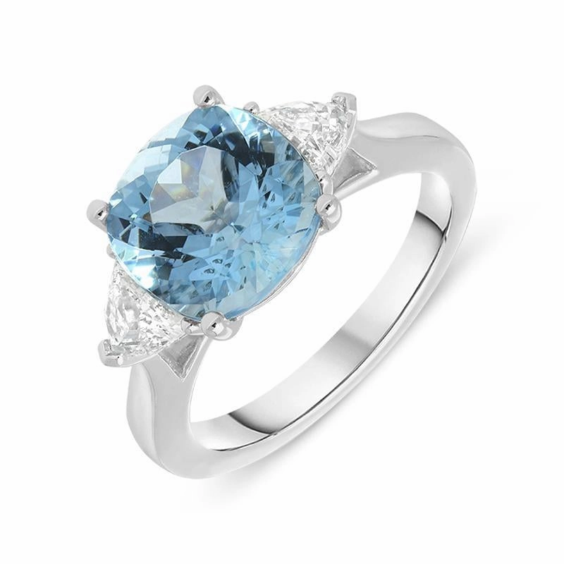 Platinum 3.40ct Aquamarine Diamond Cushion Trilogy Ring D