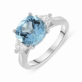 Platinum 3.40ct Aquamarine Diamond Cushion Trilogy Ring D