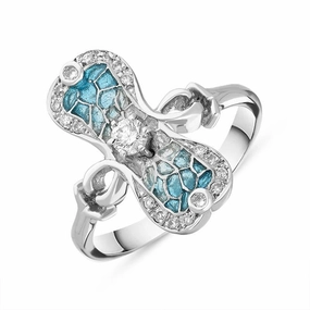 Platinum Diamond Brilliant Cut Blue Enamel Abstract Ring