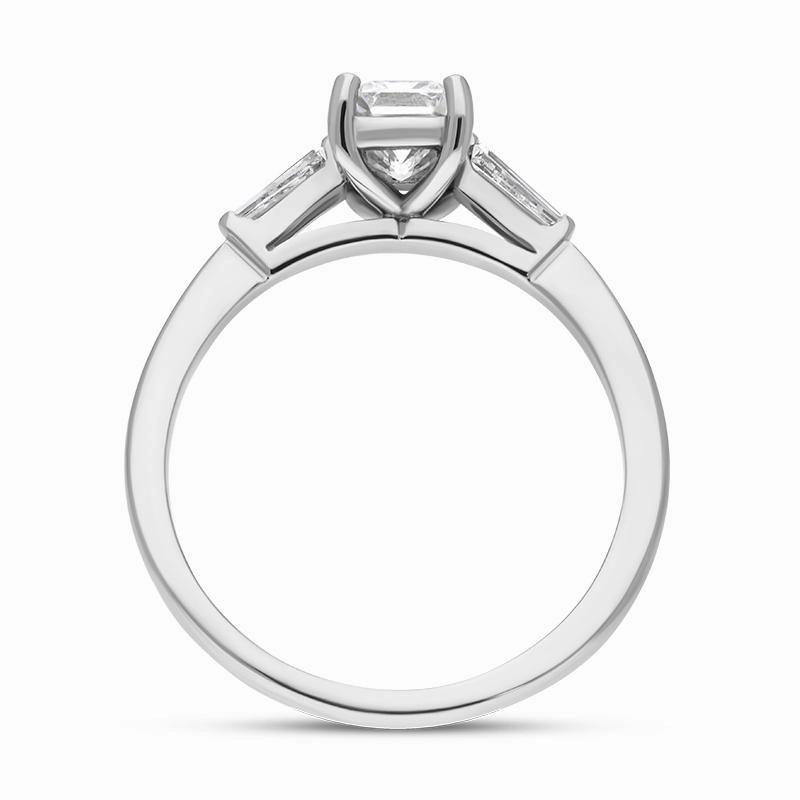 Platinum Diamond Emerald and Tapered Baguette Cut Three Stone Ring