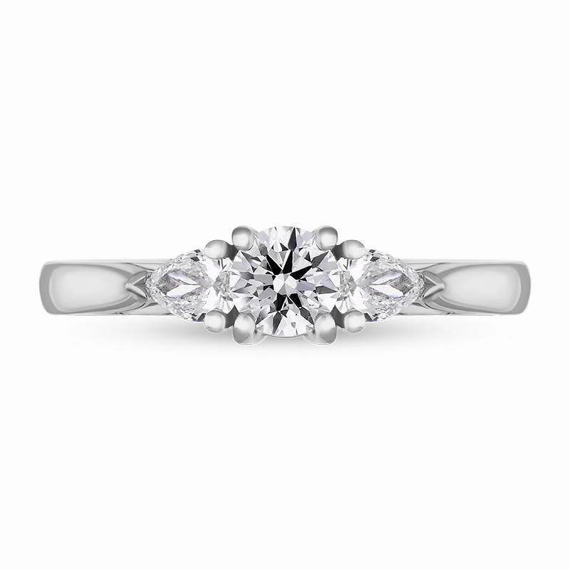 Platinum Diamond Round Brilliant and Pear Cut Three Stone Ring