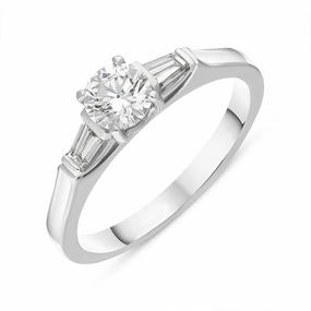 Platinum Diamond Round Brilliant Tapered Baguette Cut Three Stone Ring
