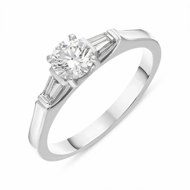 Platinum Diamond Round Brilliant Tapered Baguette Cut Three Stone Ring