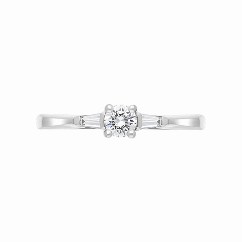 Platinum Diamond Round Brilliant Tapered Baguette Cut Three Stone Ring
