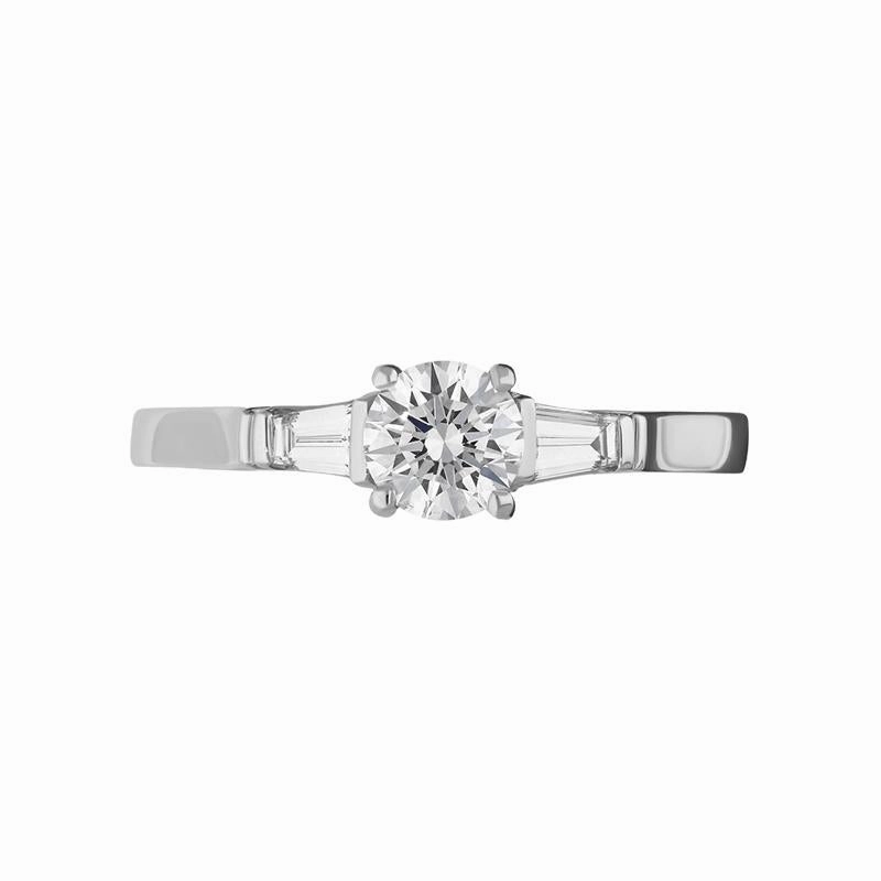 Platinum Diamond Round Brilliant Tapered Baguette Cut Three Stone Ring