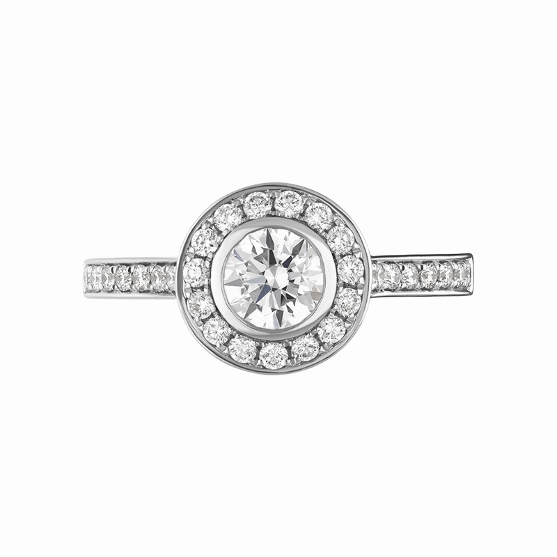 Platinum Diamond Shoulder Set Round Halo Ring