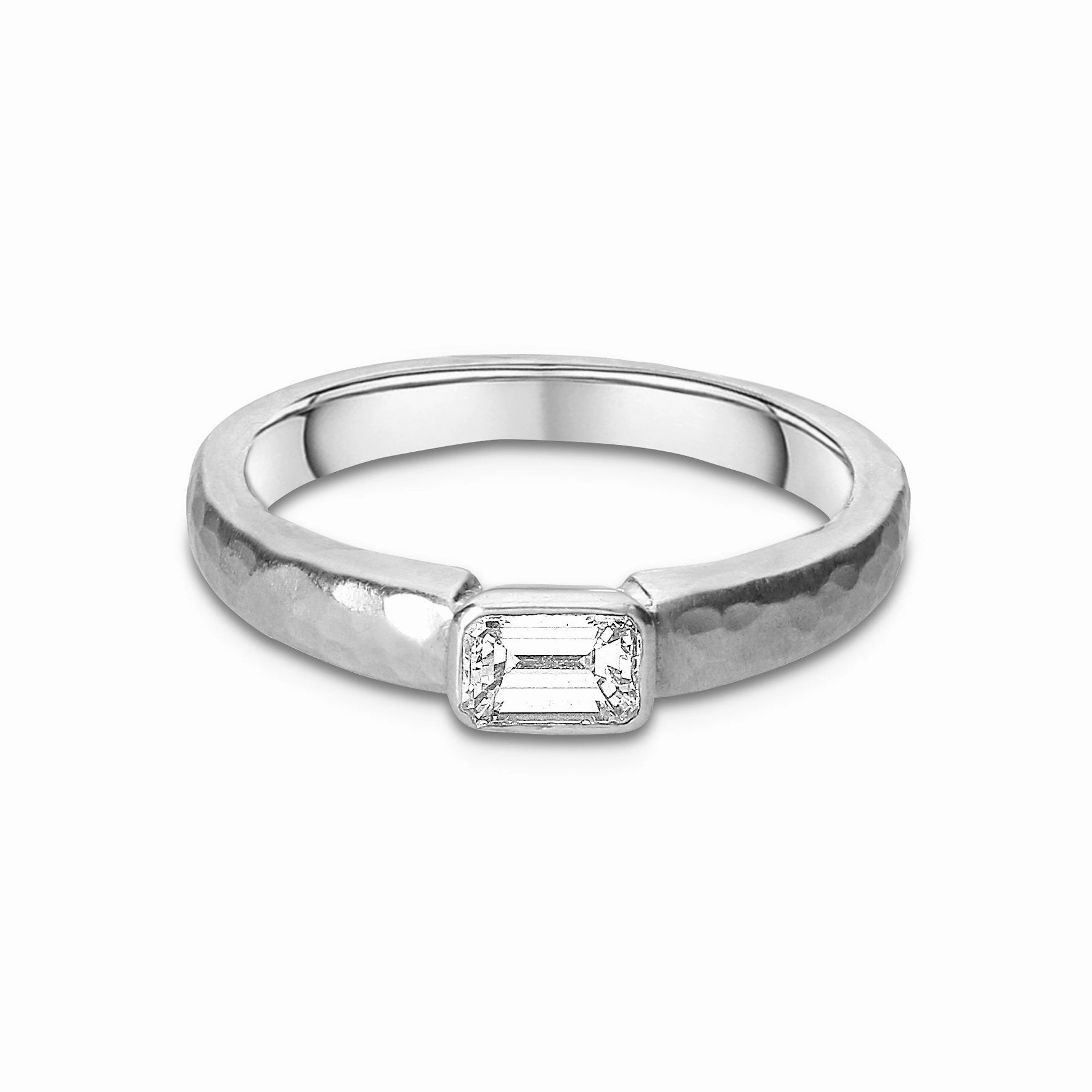 Platinum Emerald Cut Diamond Textured Ring