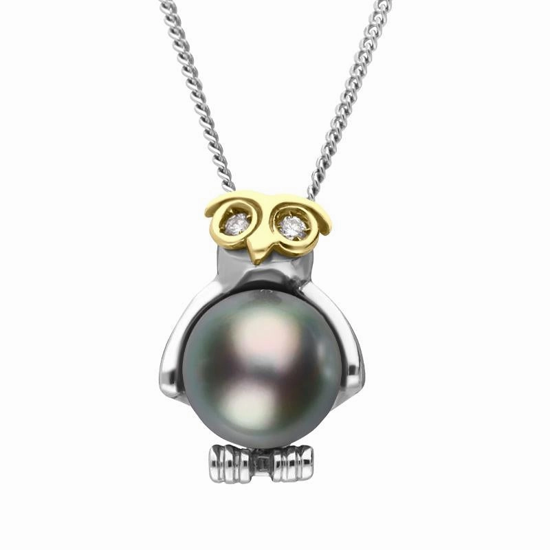 Platinum Grey Pearl Diamond Owl Necklace