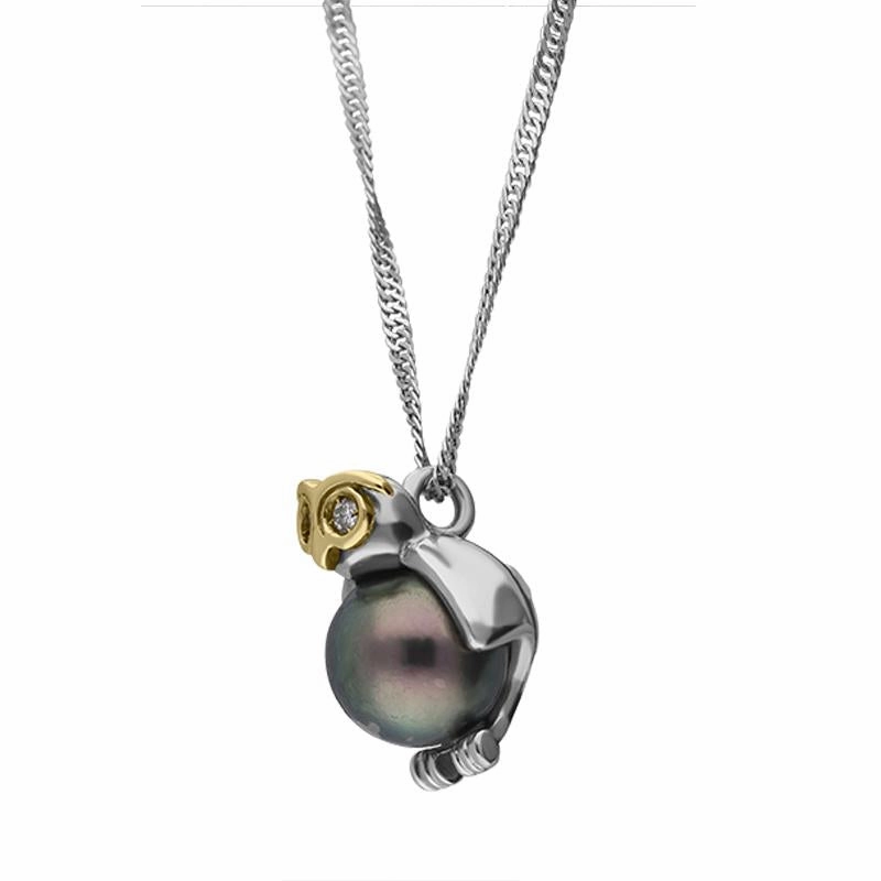 Platinum Grey Pearl Diamond Owl Necklace