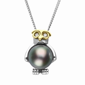 Platinum Grey Pearl Diamond Owl Necklace