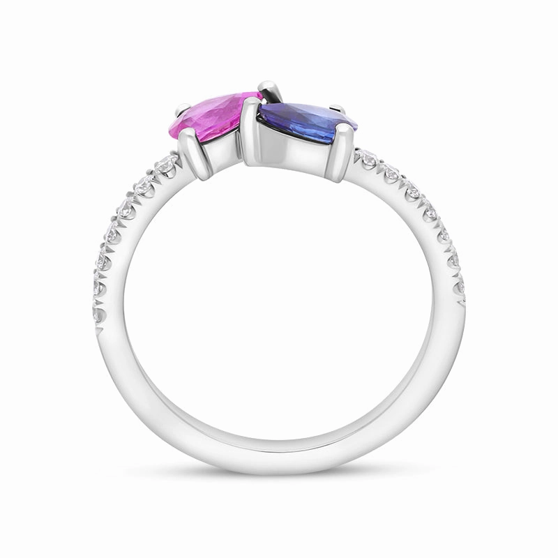 Platinum Pink and Blue Sapphire Diamond Shoulder Set Ring