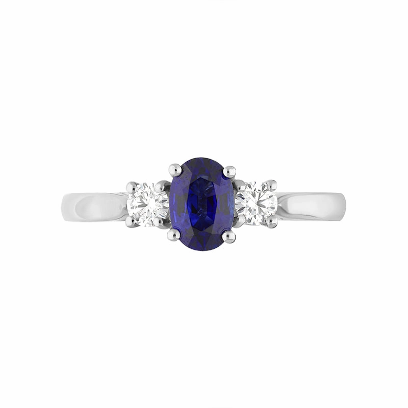 Platinum Sapphire Diamond Oval Cut Three Stone Ring