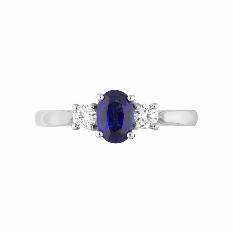Platinum Sapphire Diamond Oval Cut Three Stone Ring