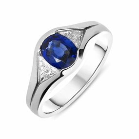 Platinum Sapphire Diamond Oval Cut Trilogy Ring