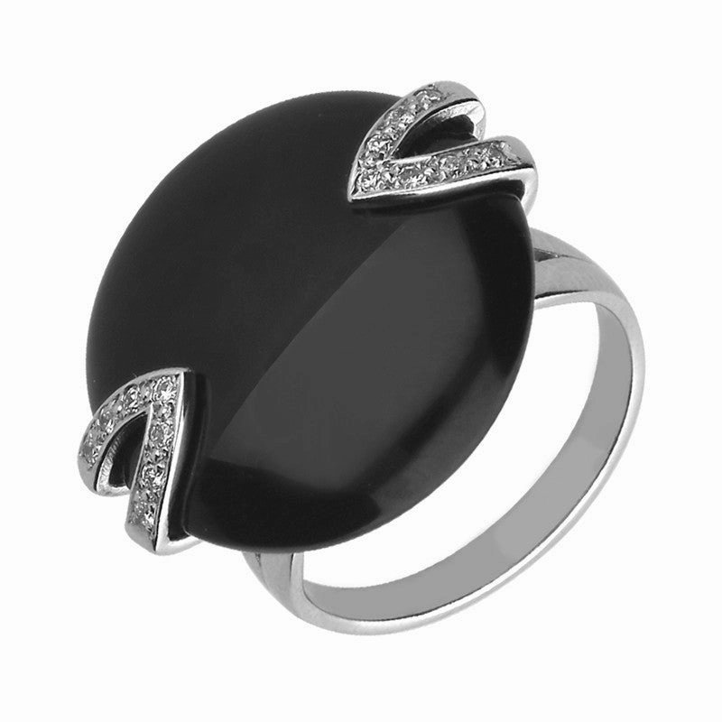Platinum Whitby Jet 0.14ct Diamond Double V Stone Disc Ring