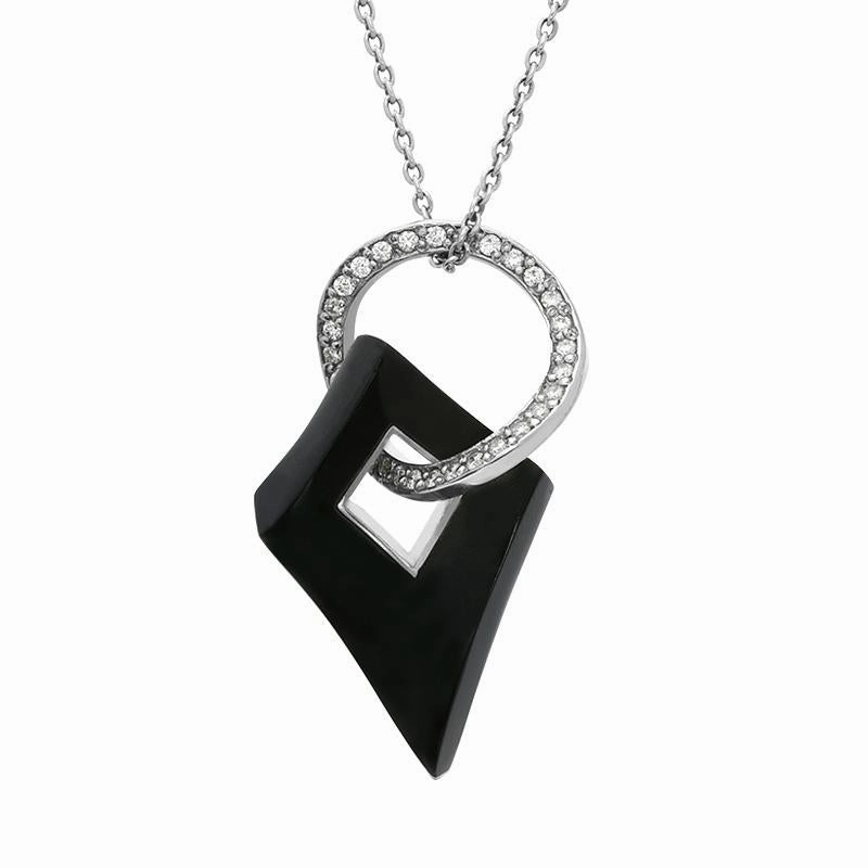 Platinum Whitby Jet 0.60ct Diamond Wavy Open Circle Rhombus Necklace