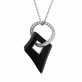Platinum Whitby Jet 0.60ct Diamond Wavy Open Circle Rhombus Necklace