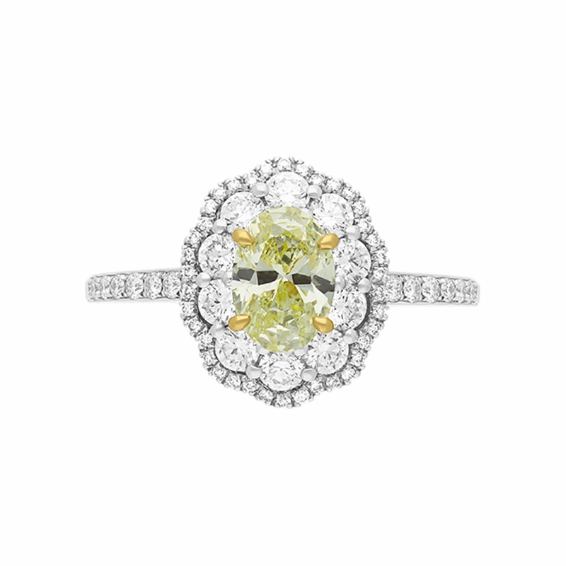 Platinum Yellow and White Diamond Oval Cluster Ring