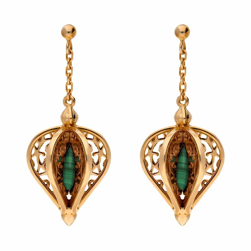 Rose Gold Plated Sterling Silver Malachite Flore Filigree Drop Earrings
