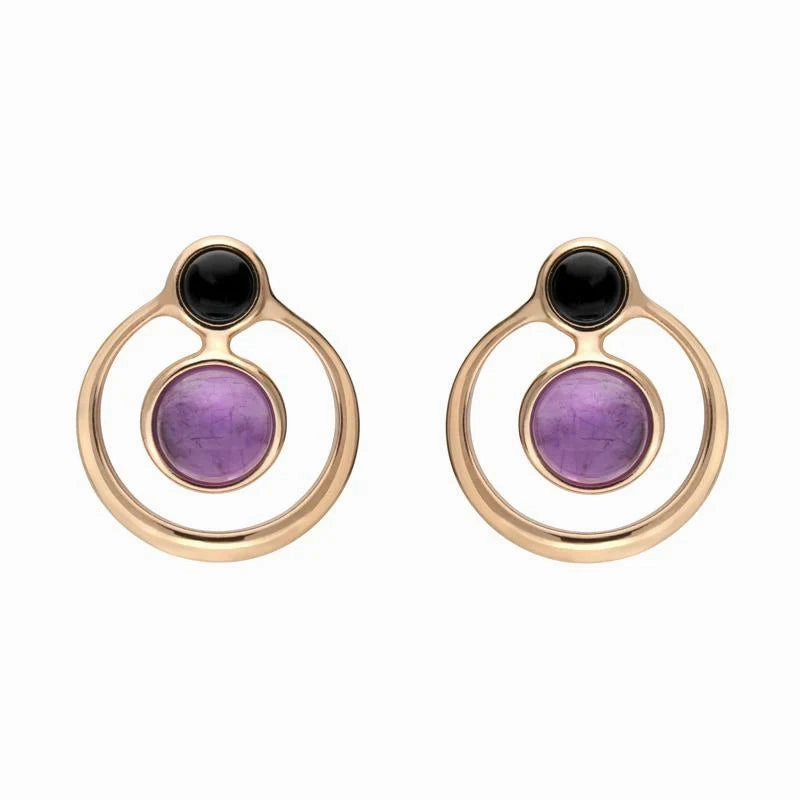 Rose Gold Plated Sterling Silver Whitby Jet Amethyst Open Circle Stud Earrings