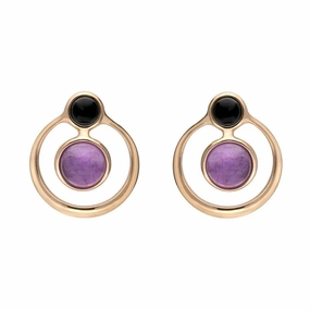 Rose Gold Plated Sterling Silver Whitby Jet Amethyst Open Circle Stud Earrings