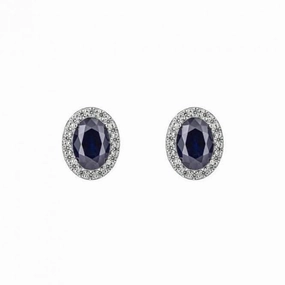 Sapphire Blue Zirconia Oval Pave Surround Stud Earrings E6186