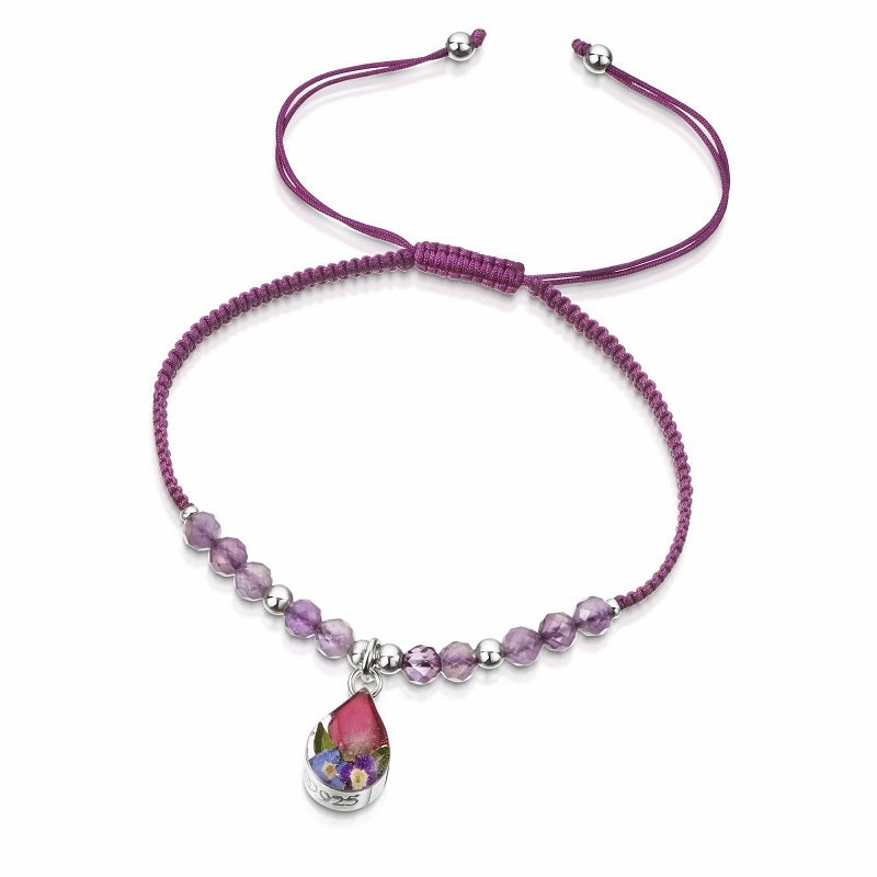 Shrieking Violet Mixed Flowers Sterling Silver Gemstone Teardrop Bracelet