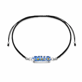 Shrieking Violet Sterling Silver Black Woven Forget Me Not Oval Charm Bracelet
