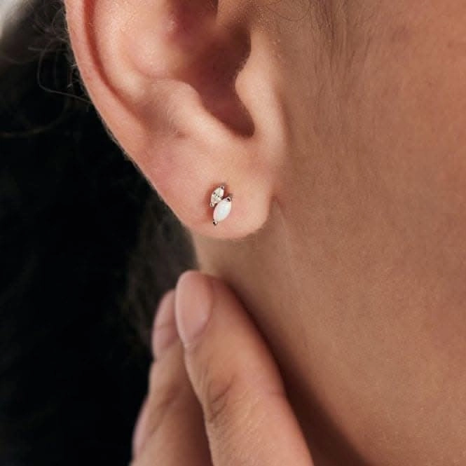 Silver Kyoto Opal And Sparkle Marquise Barbell Single Earring E047-07H