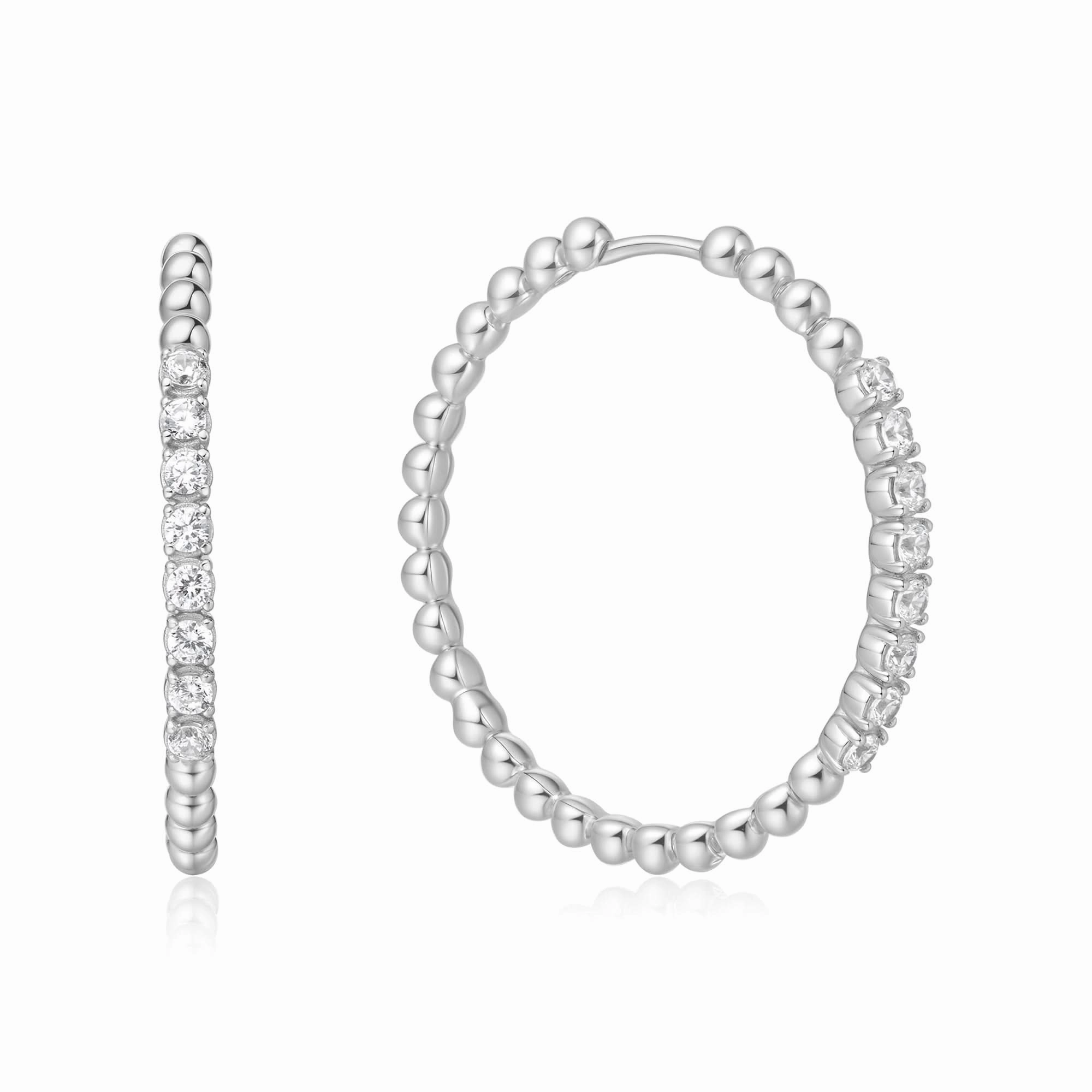 Silver Large Claw Sphere Beaded Hoop Earrings E065-05H