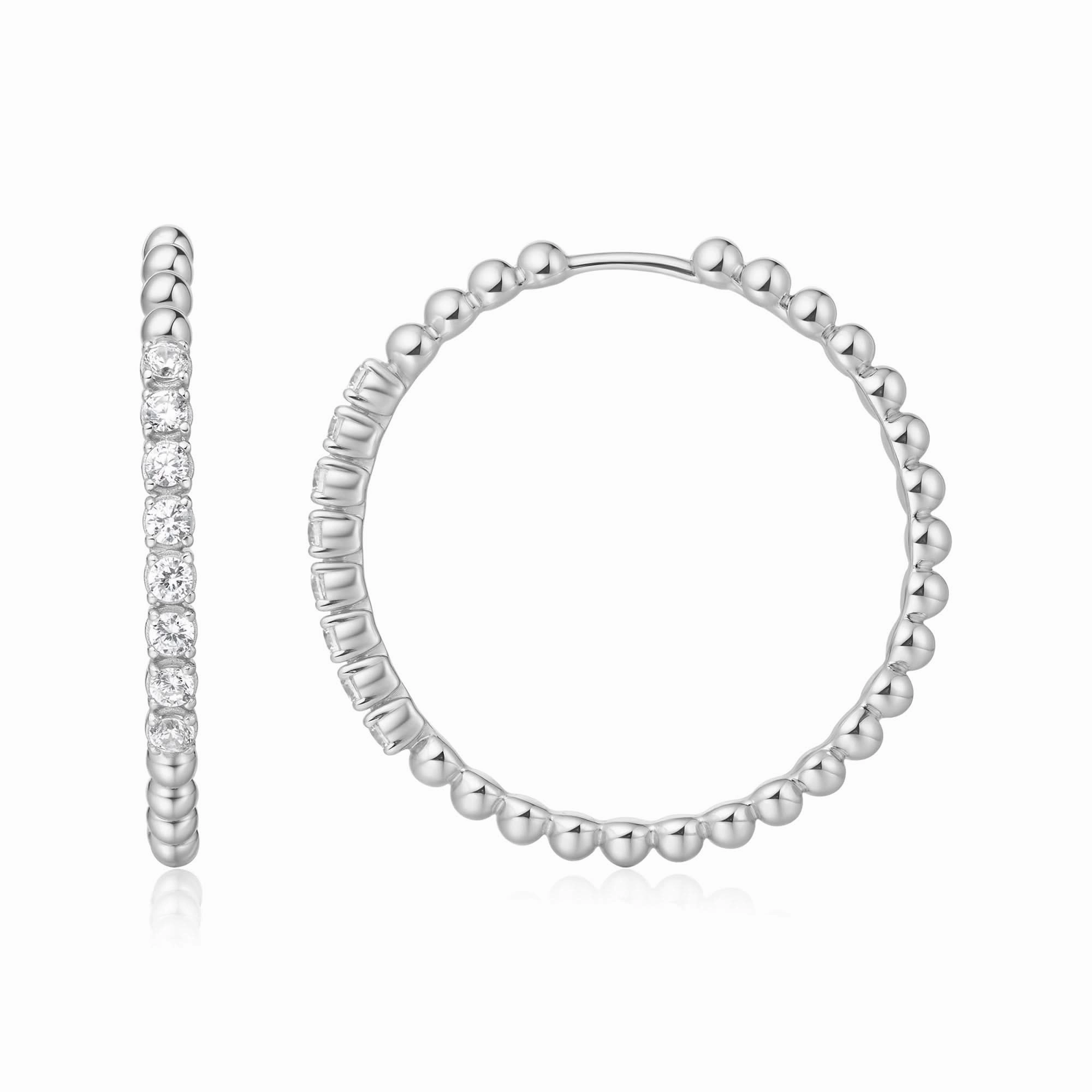 Silver Large Claw Sphere Beaded Hoop Earrings E065-05H