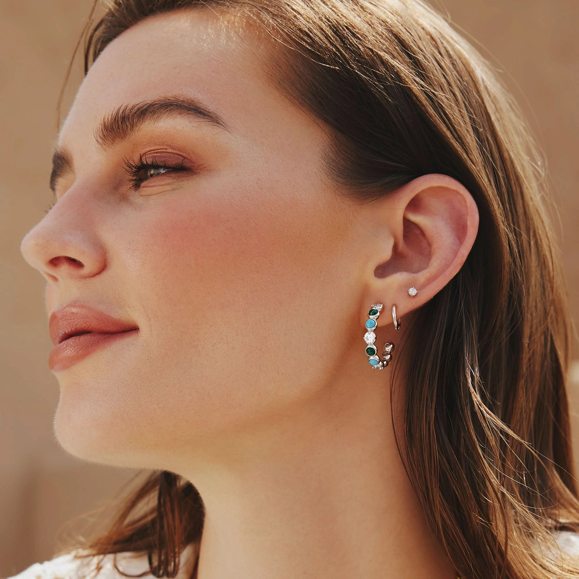 Silver Malachite and Turquoise Large Hoops E063-08H