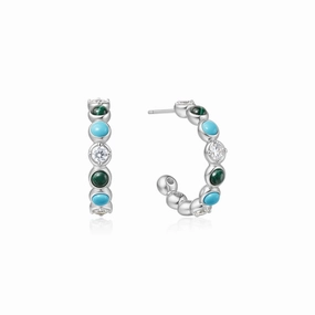Silver Malachite and Turquoise Large Hoops E063-08H