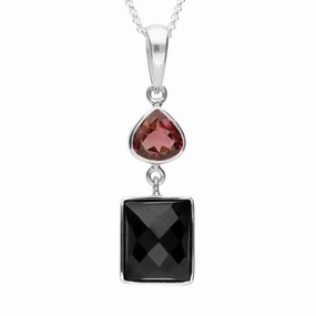 Silver Whitby Jet Pink Tourmaline Faceted Rectangle Necklace
