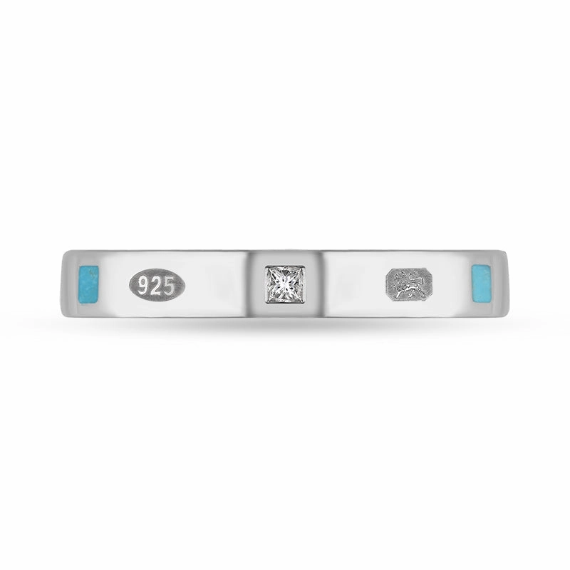 Sterling Silver 0.05ct Diamond Turquoise King's Coronation Hallmark Princess Cut 3mm Ring D