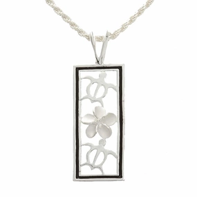Sterling Silver 2 Honu (Turtle) and Plumeria with CZ Black Border Vertical Pendant (Chain Sold Separately)
