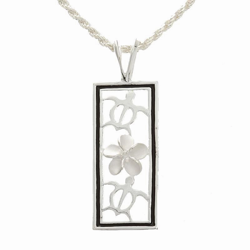 Sterling Silver 2 Honu (Turtle) and Plumeria with CZ Black Border Vertical Pendant (Chain Sold Separately)