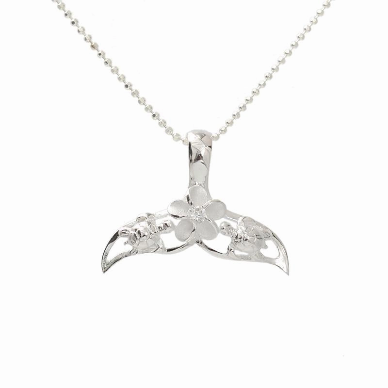 Sterling Silver 2 Honu (Turtle) and Plumeria with CZ in Whale Tail Pendant (Chain Sold Separately)