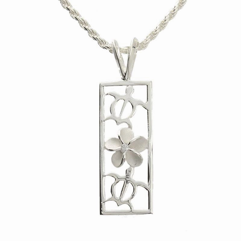 Sterling Silver 2 Honu (Turtle) and Plumeria with CZ Vertical Pendant (Chain Sold Separately)
