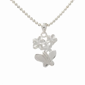 Sterling Silver 3 Plumeria with CZ and Butterfly Pendant (Chain Sold Separately)
