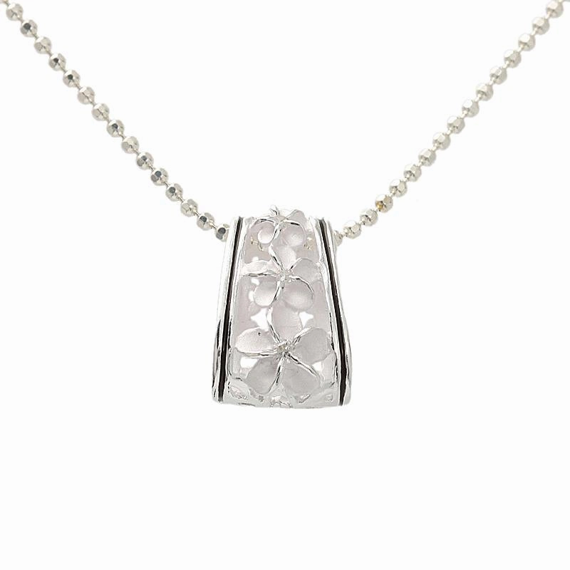 Sterling Silver 3 Plumeria with CZ Black Border Oval Barrel Pendant (Chain Sold Separately)
