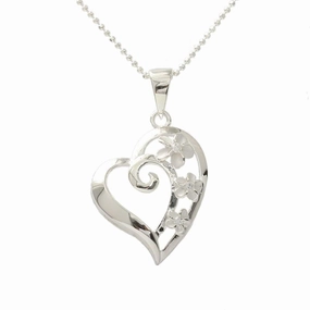 Sterling Silver 3 Plumeria with CZ Heart Pendant (Chain Sold Separately)