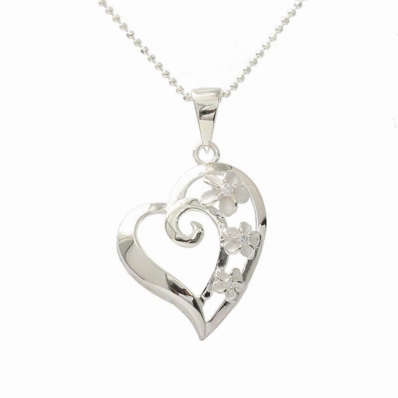 Sterling Silver 3 Plumeria with CZ Heart Pendant (Chain Sold Separately)